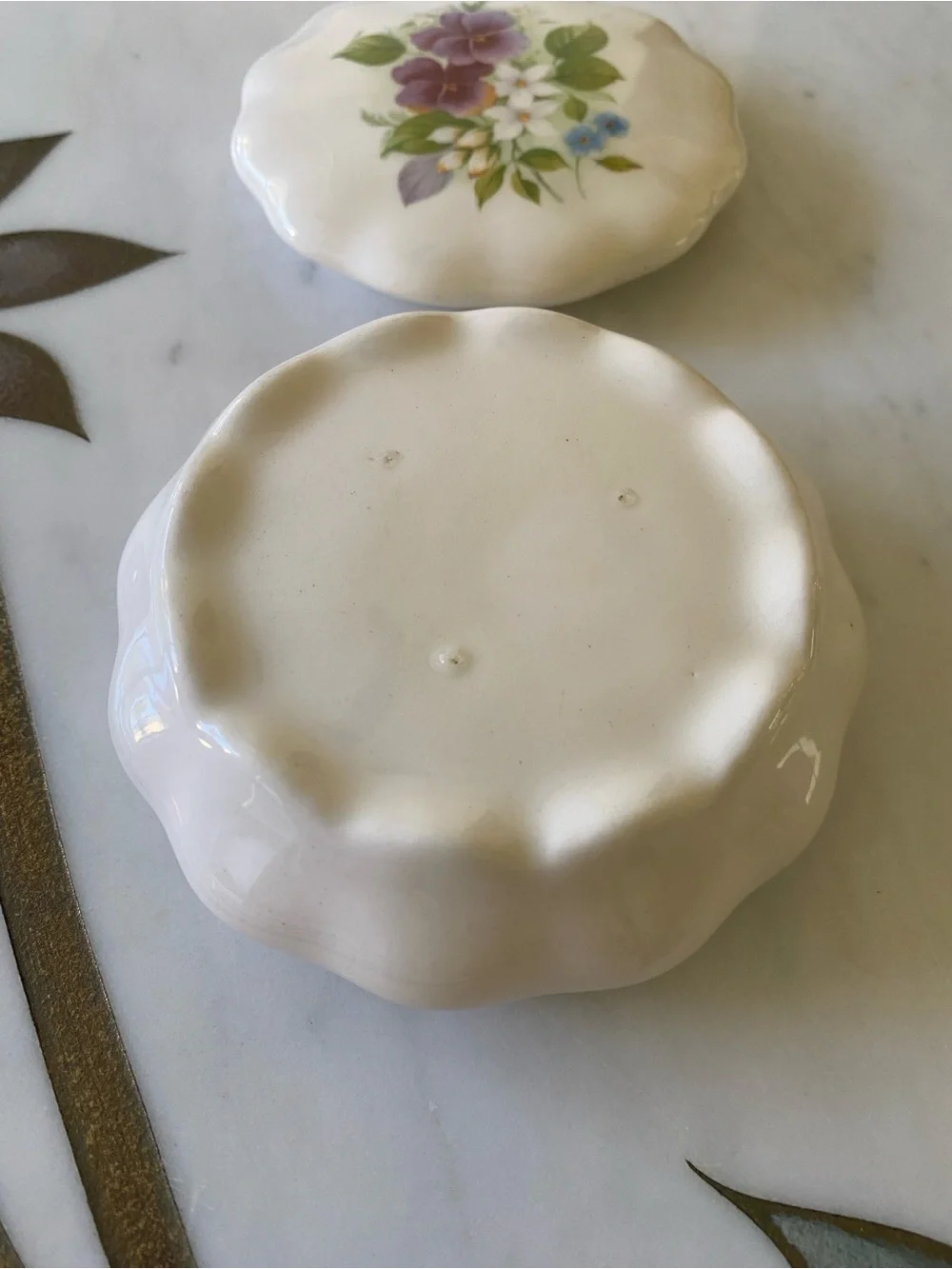 Vintage Floral Porcelain Jewelry/Trinket Box in Ivory with Hand-Painted Flowers